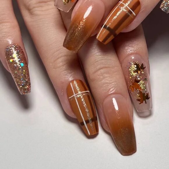 24Pcs Long Maple Leaf Gradient Brown Coffin Ballerina False Fake Nails F… - Picture 1 of 3